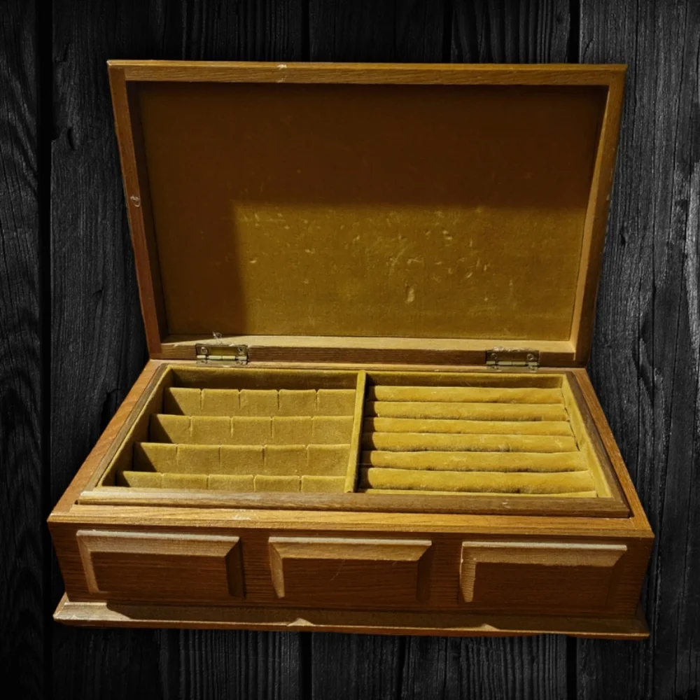 Vtg Jewelry Box Wooden Hinged 2 Layers Holds Rings Earrings Chains